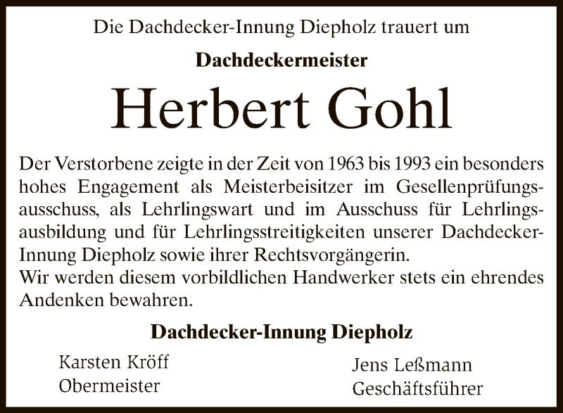  Traueranzeige für Herbert Gohl vom 31.12.2016 aus SYK