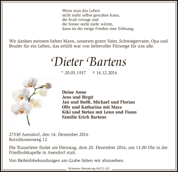 Traueranzeige von Dieter Bartens von SYK