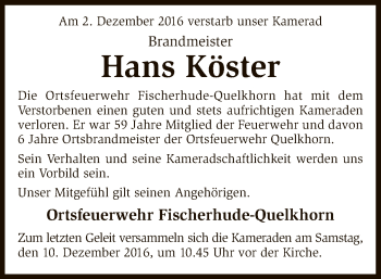 Traueranzeige von Hans Köster von SYK