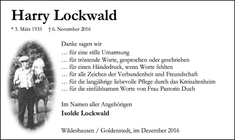  Traueranzeige für Harry Lockwald vom 03.12.2016 aus SYK
