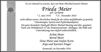 Traueranzeige von Frieda Meier von SYK