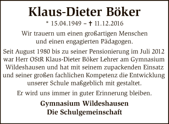 Traueranzeige von Klaus-Dieter Böker von SYK