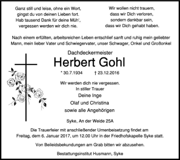 Traueranzeige von Herbert Gohl von SYK