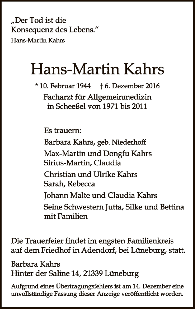  Traueranzeige für Hans-Martin Kahrs vom 17.12.2016 aus SYK