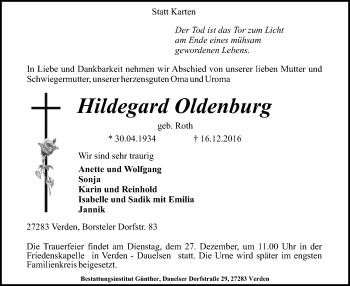 Traueranzeige von Hildegard Oldenburg von SYK