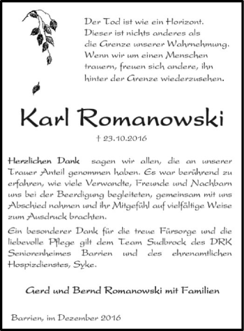 Traueranzeige von Karl Romanowski von SYK