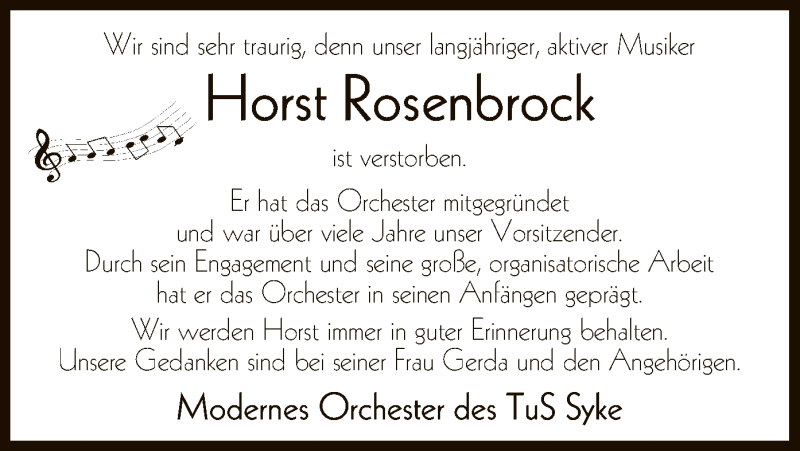  Traueranzeige für Horst Rosenbrock vom 13.12.2016 aus SYK