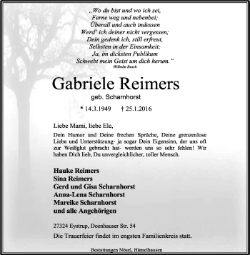 Traueranzeige von Gabriele Reimers von KRZ