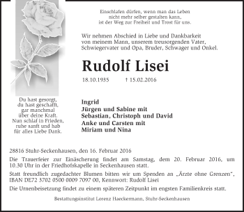 Traueranzeige von Rudolf Lisei von KRZ