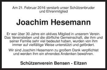 Traueranzeige von Joachim Hesemann von KRZ