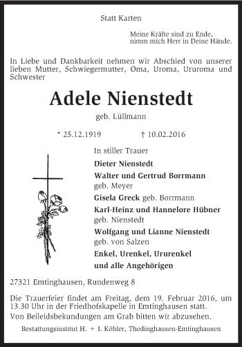 Traueranzeige von Adele Nienstedt von KRZ