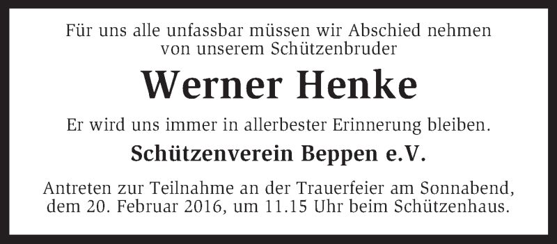  Traueranzeige für Werner Henke vom 17.02.2016 aus KRZ