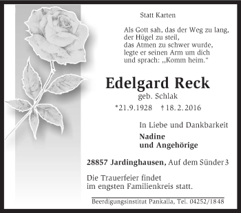 Traueranzeige von Edelgard Reck von KRZ