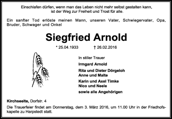 Traueranzeige von Siegfried Arnold von KRZ