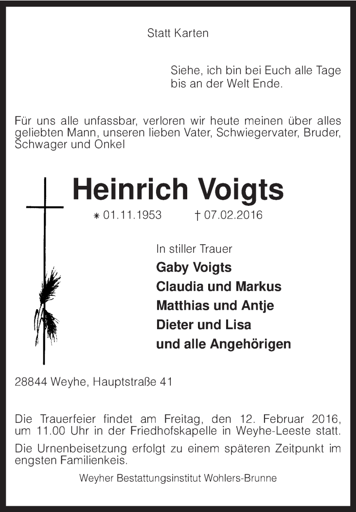  Traueranzeige für Heinrich Voigts vom 09.02.2016 aus KRZ