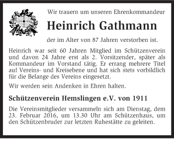 Traueranzeige von Heinrich Gathmann von KRZ