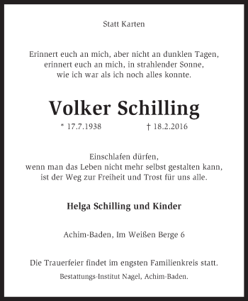 Traueranzeige von Volker Schilling von KRZ