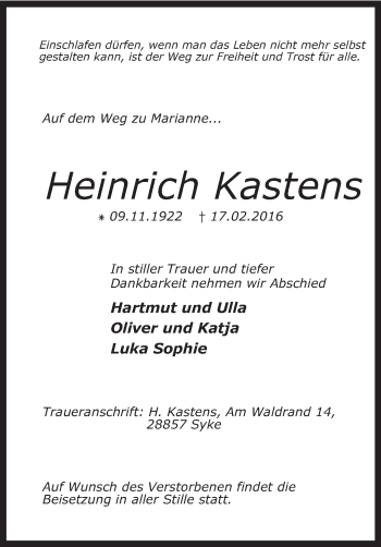 Traueranzeige von Heinrich Kastens von KRZ