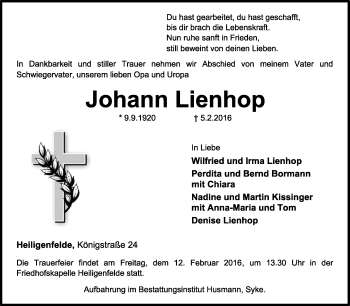 Traueranzeige von Johann Lienhop von KRZ