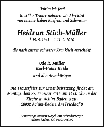 Traueranzeige von Heidrun Stich-Müller von KRZ