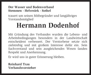 Traueranzeige von Hermann Dodenhof von KRZ