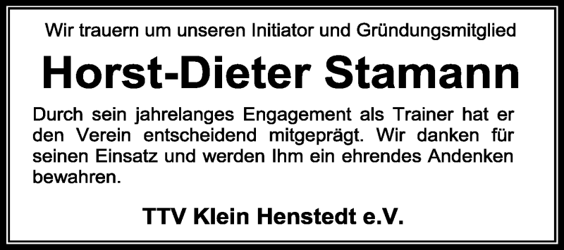  Traueranzeige für Horst-Dieter Stamann vom 12.02.2016 aus KRZ