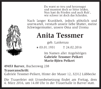 Traueranzeige von Anita Tessmer von KRZ