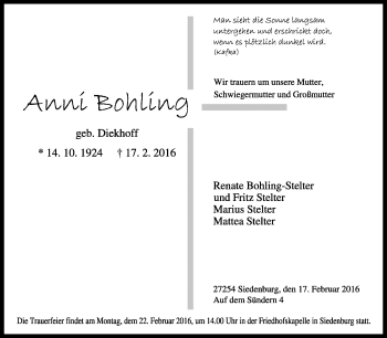 Traueranzeige von Anni Bohling von KRZ