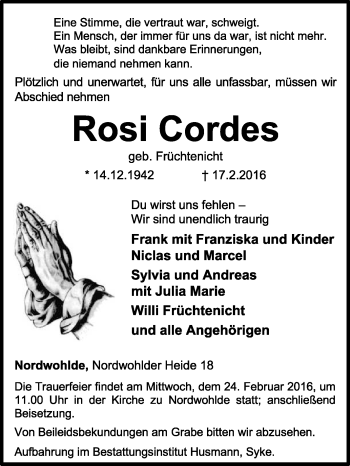 Traueranzeige von Rosi Cordes von KRZ