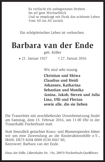 Traueranzeige von Barbara van der Ende von KRZ