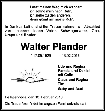 Traueranzeige von Walter Plander von KRZ