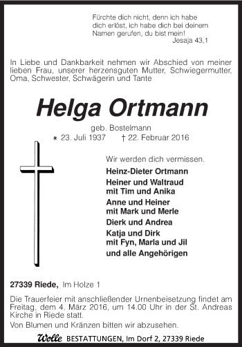 Traueranzeige von Helga Ortmann von KRZ