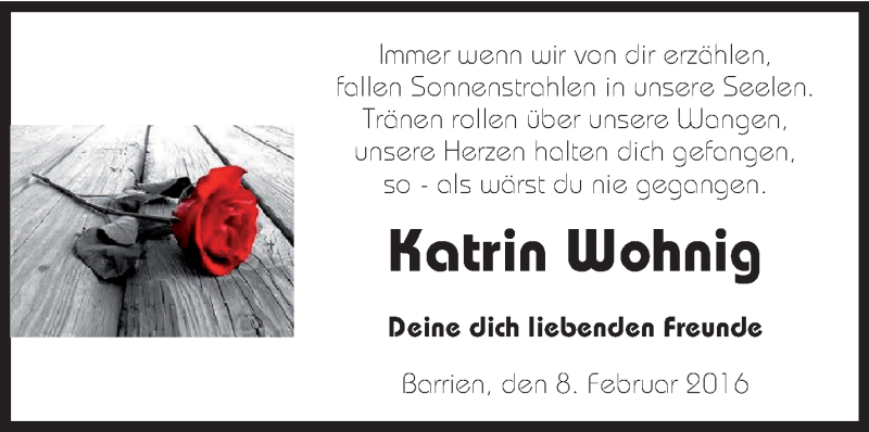  Traueranzeige für Katrin Wohnig vom 12.02.2016 aus KRZ