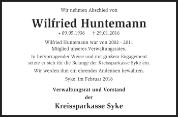 Traueranzeige von Wilfried Huntemann von KRZ