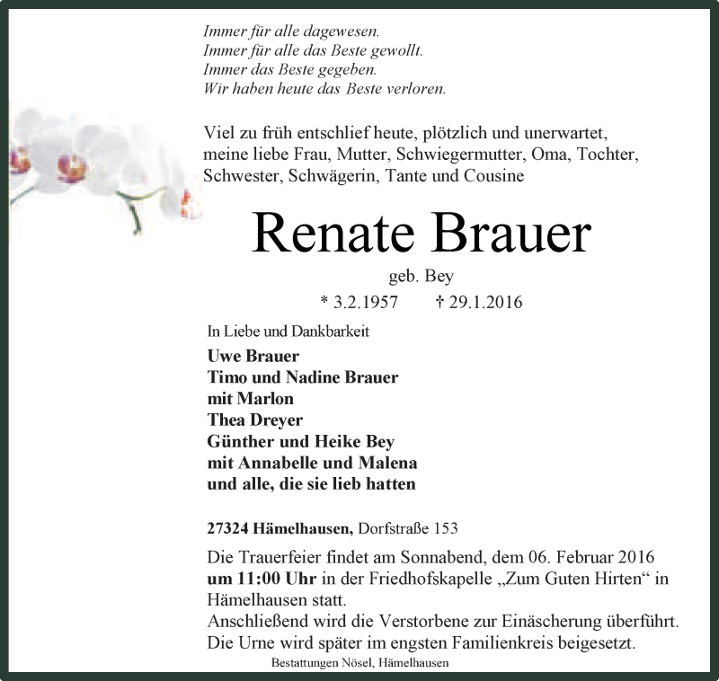  Traueranzeige für Renate Brauer vom 03.02.2016 aus KRZ