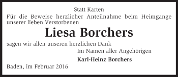 Traueranzeige von Liesa Borchers von KRZ
