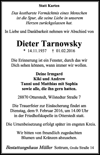 Traueranzeige von Dieter Tarnowsky von KRZ