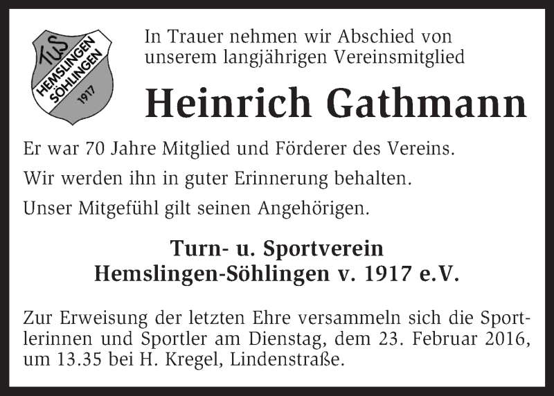  Traueranzeige für Heinrich Gathmann vom 20.02.2016 aus KRZ