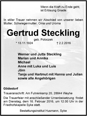 Traueranzeige von Gertrud Steckling von KRZ