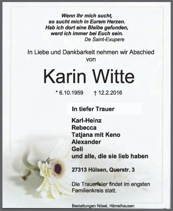 Traueranzeige von Karin Witte von KRZ