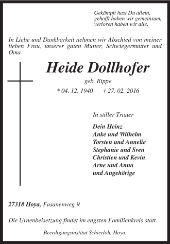 Traueranzeige von Heide Dollhofer von KRZ