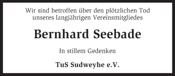 Traueranzeige von Bernhard Seebade von KRZ