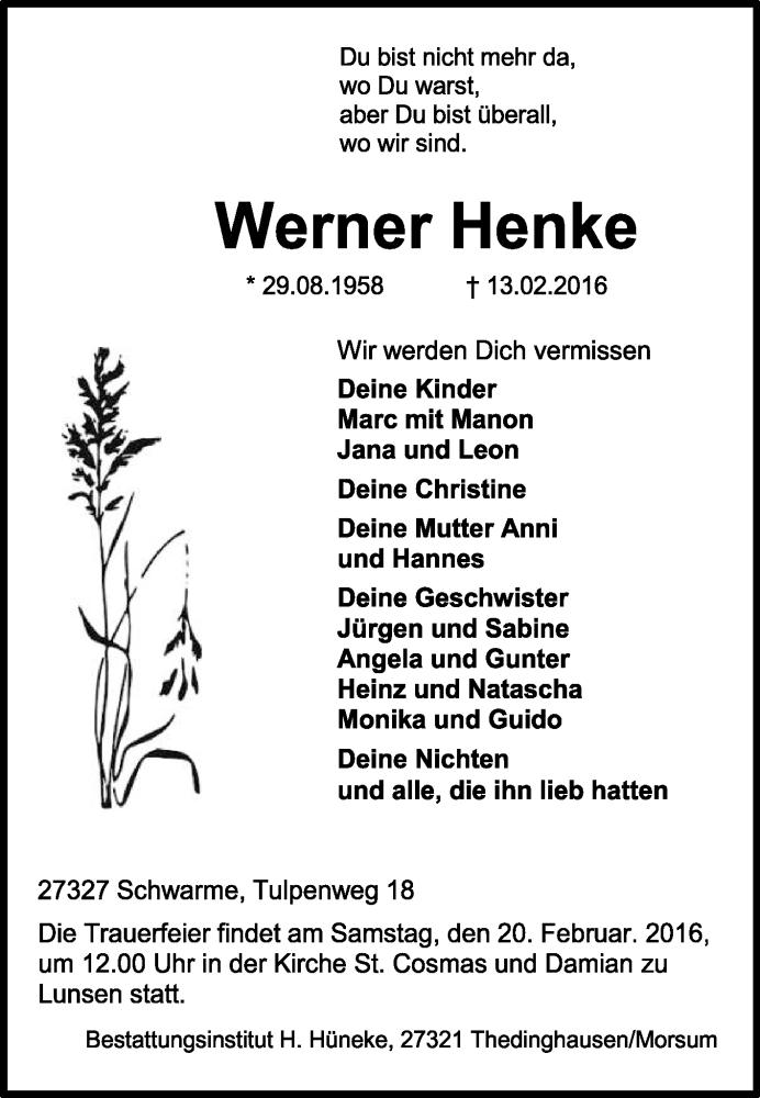  Traueranzeige für Werner Henke vom 16.02.2016 aus KRZ