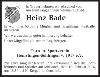 Traueranzeige von Heinz Bade von KRZ