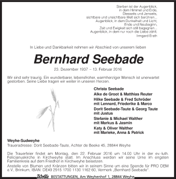 Traueranzeige von Bernhard Seebade von KRZ