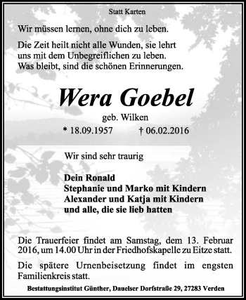 Traueranzeige von Wera Goebel von KRZ