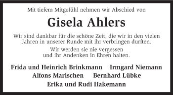 Traueranzeige von Gisela Ahlers von KRZ