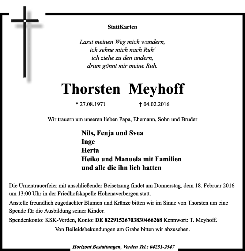 Traueranzeige für Thorsten Meyhoff vom 12.02.2016 aus KRZ