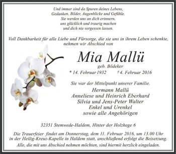 Traueranzeige von Mia Mallü von KRZ