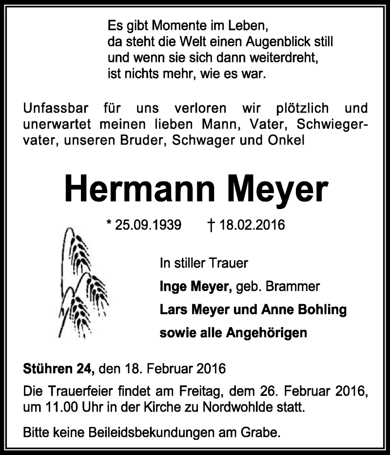  Traueranzeige für Hermann Meyer vom 22.02.2016 aus KRZ